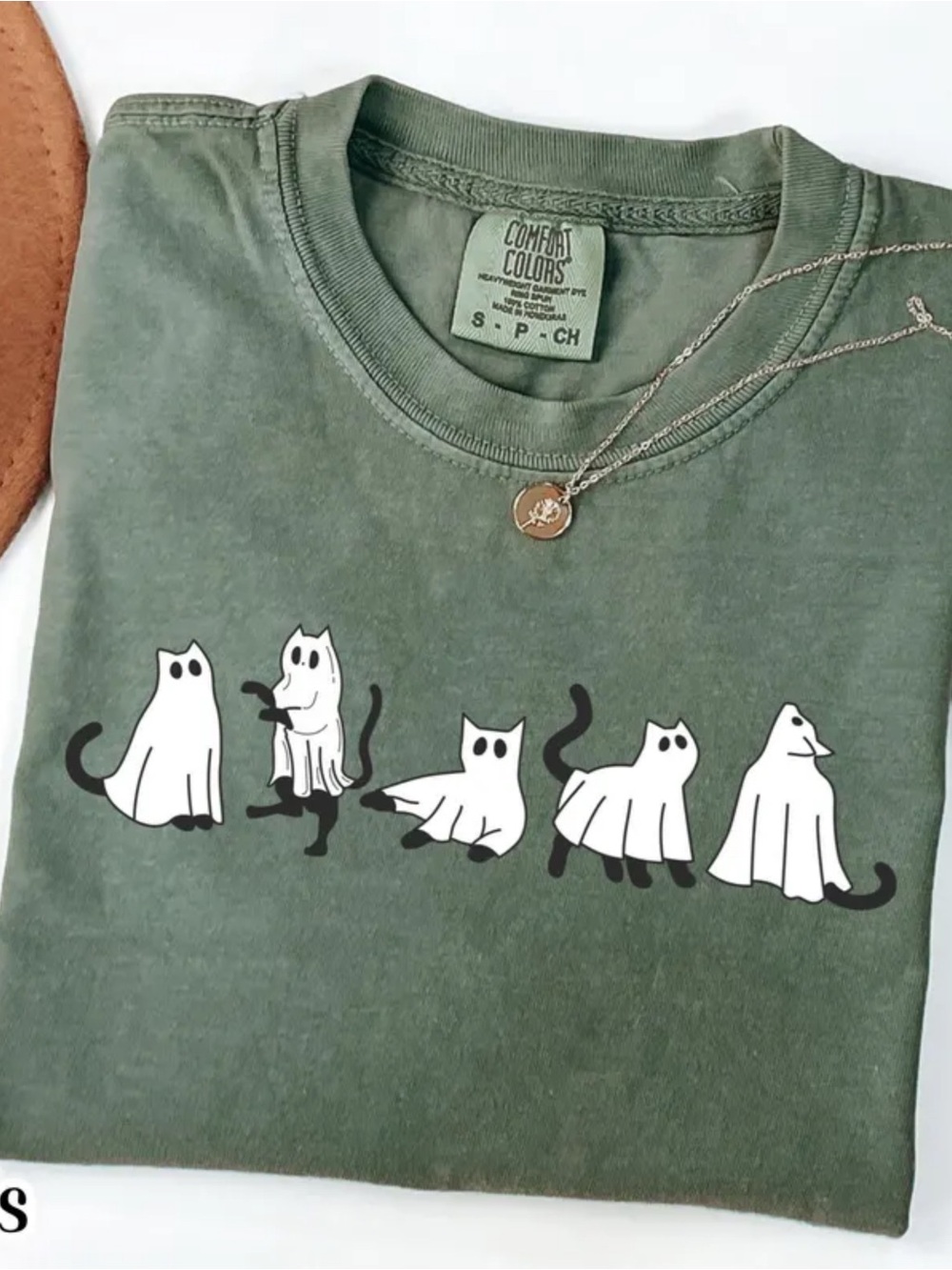 Comfort Colors Moss Green Short Sleeve Tee with Ghost Cat Lineup